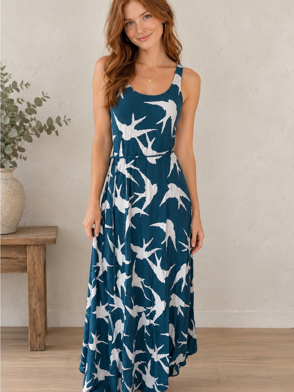 LOFT Whimsical Swallow Bird Print Jersey Women Maxi Dress XSP Boho Fairycore